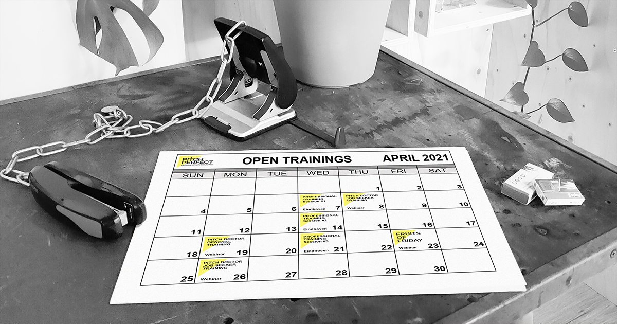 Let your authentic passion speak!
With trainings underway, we have fresh opportunities on offer. Check out the dates for Professional, Pitch Doctor Job Application, General or Fruits of Fridays pitch training on pitch-pefect.nl/calendar #presentations #pitch #publicspeaking