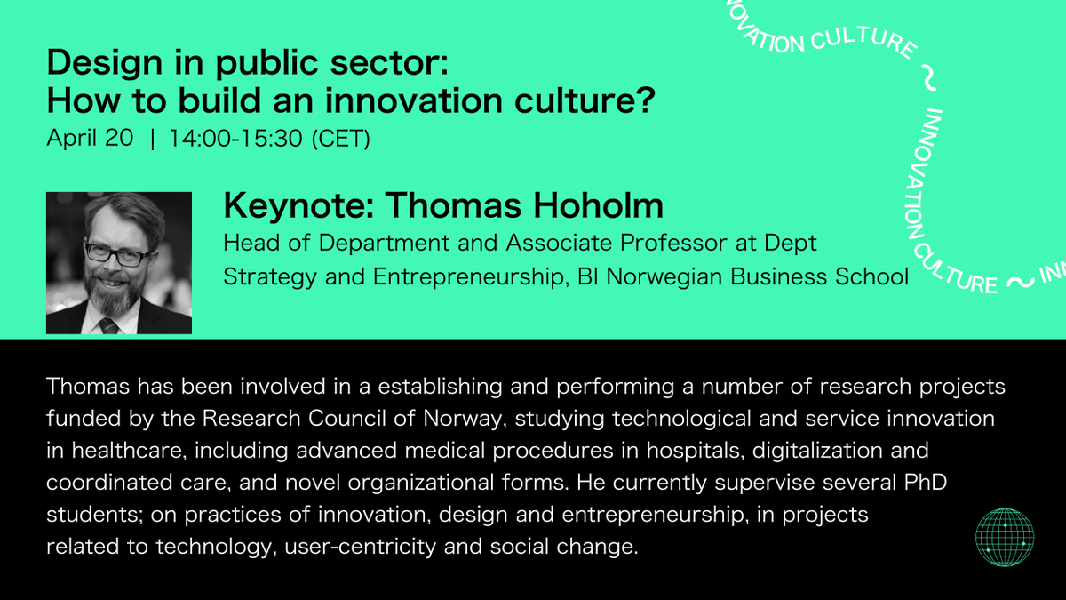 Meet our first keynote speaker: Thomas Hoholm @2mash He will speak about the importance of leadership in building an innovation culture. Registration for the webinar is still possible: lnkd.in/eRjZMBm #innovation #ServiceDesign #GovDesign