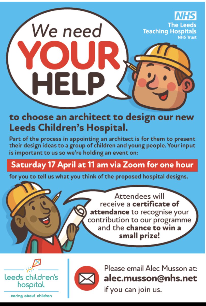 Last call for children and young people up to 16 years old to help us choose the designers of our new Leeds Children’s Hospital <a href="/Leeds_Childrens/">Leeds Children's Hospital</a> <a href="/LeedsHospitals/">Leeds Teaching Hospitals</a> <a href="/LSChildrenMayor/">Leeds ChildrensMayor</a> <a href="/LeedsWorkDev/">Leeds Children and Families Workforce Development</a> <a href="/LTHTPaedPhysio/">Leeds Children's Hospital Physiotherapy</a> <a href="/LDShospcharity/">Leeds Hospitals Charity</a>