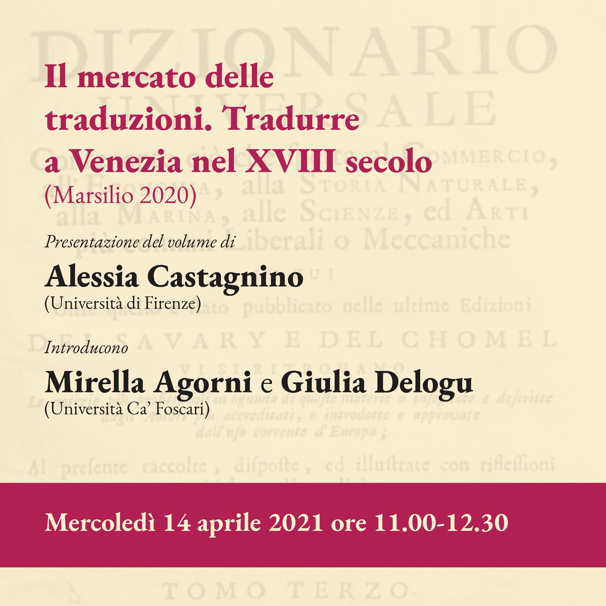 fondazione1563's tweet photo. Dalle ore 11, Alessia Castagnino, vincitrice di una borsa di Alti Studi del #ProgrammaBarocco (2018), presenterà il suo volume "Il mercato delle traduzioni. Tradurre a Venezia nel XVIII secolo" al seminario online organizzato da @CaFoscari: https://t.co/8eBHxVesiX https://t.co/wnSQYxXwQj