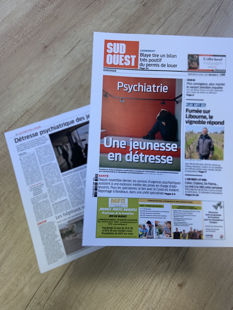 [PRESSE] A lire ce matin dans <a href="/SO_Bordeaux/">Sud Ouest Bordeaux</a> l'article d'<a href="/icastera/">Isabelle Castéra</a> sur la prise en charge de la détresse psychologique des mineurs et des adolescents du <a href="/ch_perrens/">CH Charles Perrens</a> et du <a href="/CHUBordeaux/">CHU de Bordeaux</a>. #COVID19 #Bordeaux #Presse