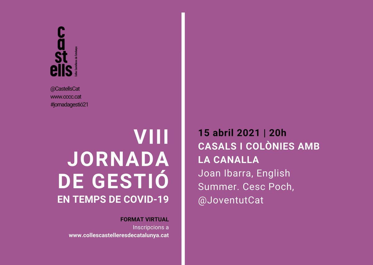 CastellsCat's tweet photo. Ep! Que això és demà! 👇

Què ens cal tenir en compte per organitzar casals o colònies amb la canalla?

En parlem amb @cescpoch, dir. gral. de @joventutcat, i @joanibarra dir. d'operacions a @EnglishSummerSA.

Inscripcions:
https://t.co/tPRxY31UDs

#castells #JornadaGestió21 https://t.co/URe8MmBaRt