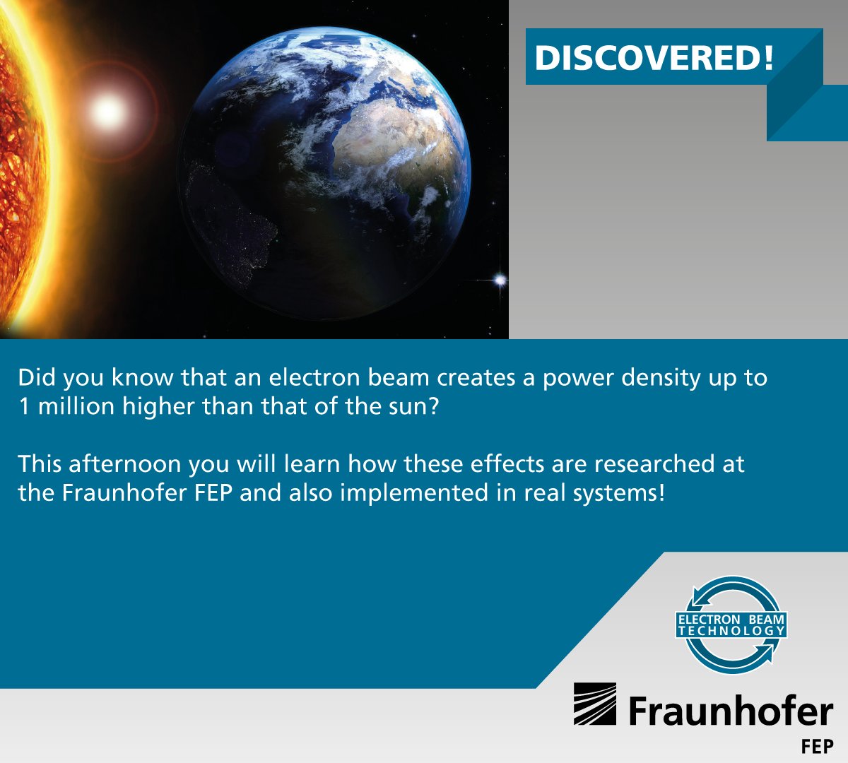 FraunhoferFEP's tweet image. Did you know that an electron beam creates a power density up to 1 million higher than that of the sun?
This afternoon you will learn how these effects are researched at the Fraunhofer FEP and also implemented in real systems!
#electronbeam #Fraunhofer #coating