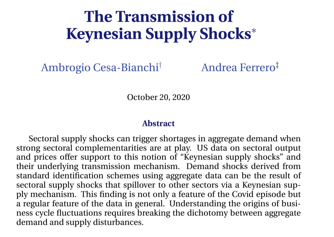 Are Keynesian supply shocks supported by the data? We explore this question in a paper with @APFerrero, which I will present today at the “Macroeconomic Supply Shocks” session at #RES2021 annual conference (1:45-3:45pm UK time) #econtwitter @RoyalEconSoc