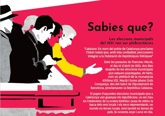 1️⃣4️⃣abril1️⃣9️⃣3️⃣1️⃣
🗳Dos dies després de les eleccions municipals que estaven plantejades, de facto, com un plebiscit a la monarquia, es proclama la República Catalana.
🗣Aquest fet posa de relleu la tasca dels ens locals en temes de país, fa noranta anys i avui en dia