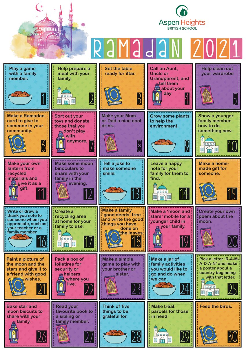 AHBS_AD's tweet photo. We are excited to share our annual Ramadan calendar of good deeds for our entire community to participate in. Please do share with us your photos and stories completing one of the good deeds here or on the padlet shared with our families.  
#AHBSCommunity #RamadanCalendar2021 https://t.co/3XdELUbqps