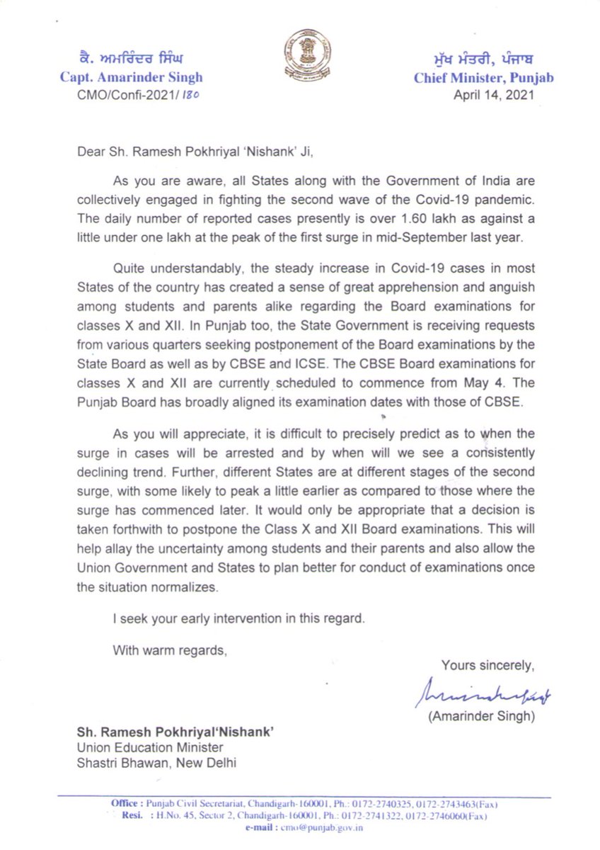 iyctripura's tweet photo. Honourable Punjab CM @capt_amarinder had written to Union Education Minister @DrRPNishank seeking postponement of CBSE &amp; ICSE  Board examinations in view of the surge of Covid cases in the country. Request the Govt of India for early decision in this regard.
#cbseboardexams2021 https://t.co/jXivlrnxy8