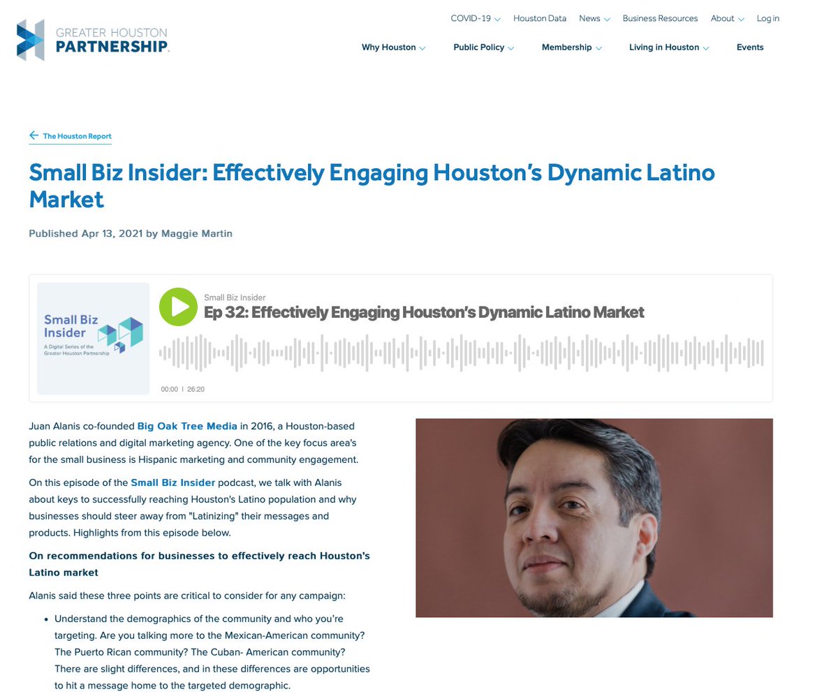 Grateful for the opportunity to share my thoughts about Houston's Latino market on the <a href="/GHPartnership/">Greater Houston Partnership</a>'s Small Biz Insider podcast. Take a listen and subscribe to this Houston business podcast! houston.org/news/small-biz…