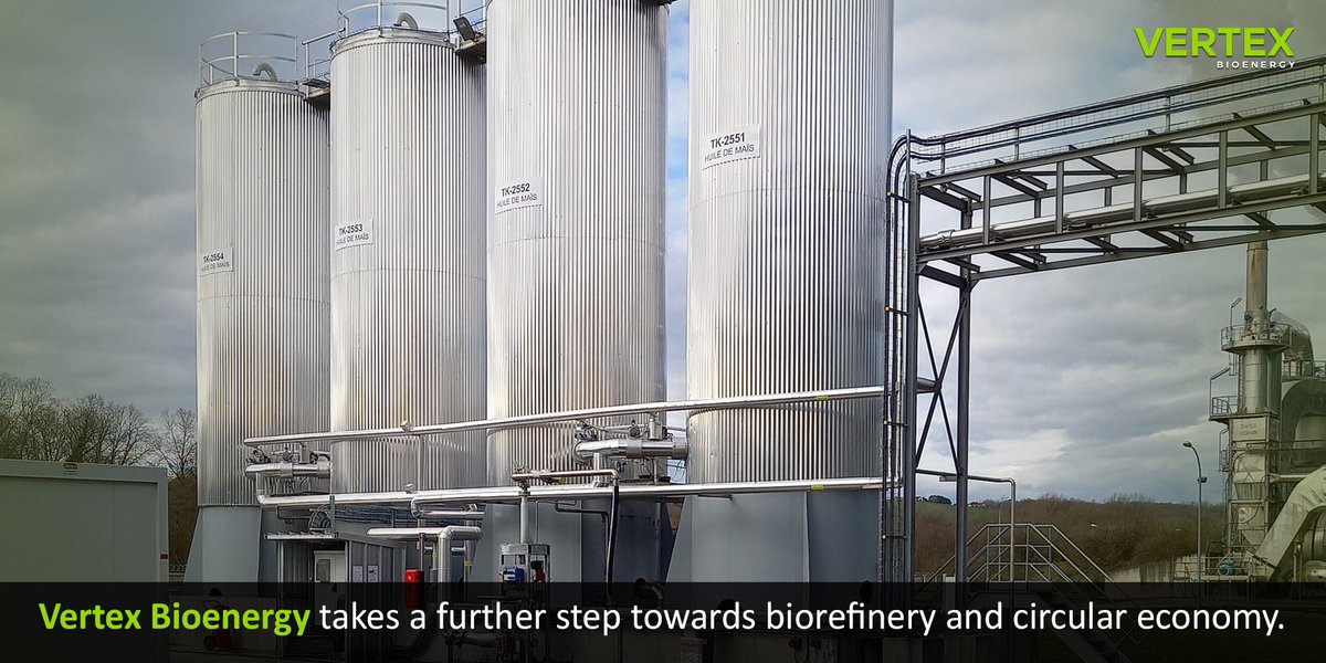 vertexbioenergy's tweet photo. Vertex Bioenergy takes a further step towards #biorefinery and #circulareconomy. Our bioethanol plant 'Bioénergie du Sud-Ouest' in Lacq produces corn oil for animal feed and feedstock to produce biodiesel. https://t.co/tUsEITKJyI