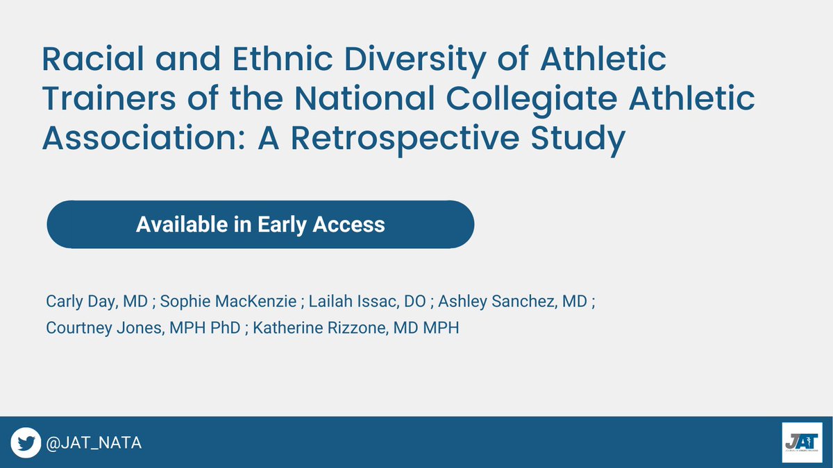JAT_NATA's tweet photo. Early Access from Dr. Carly Day and colleagues:

Racial and Ethnic Diversity of Athletic Trainers of the National Collegiate Athletic Association: A Retrospective Study

Link: https://t.co/jXJrSqSCao https://t.co/ZyWGooCJsh