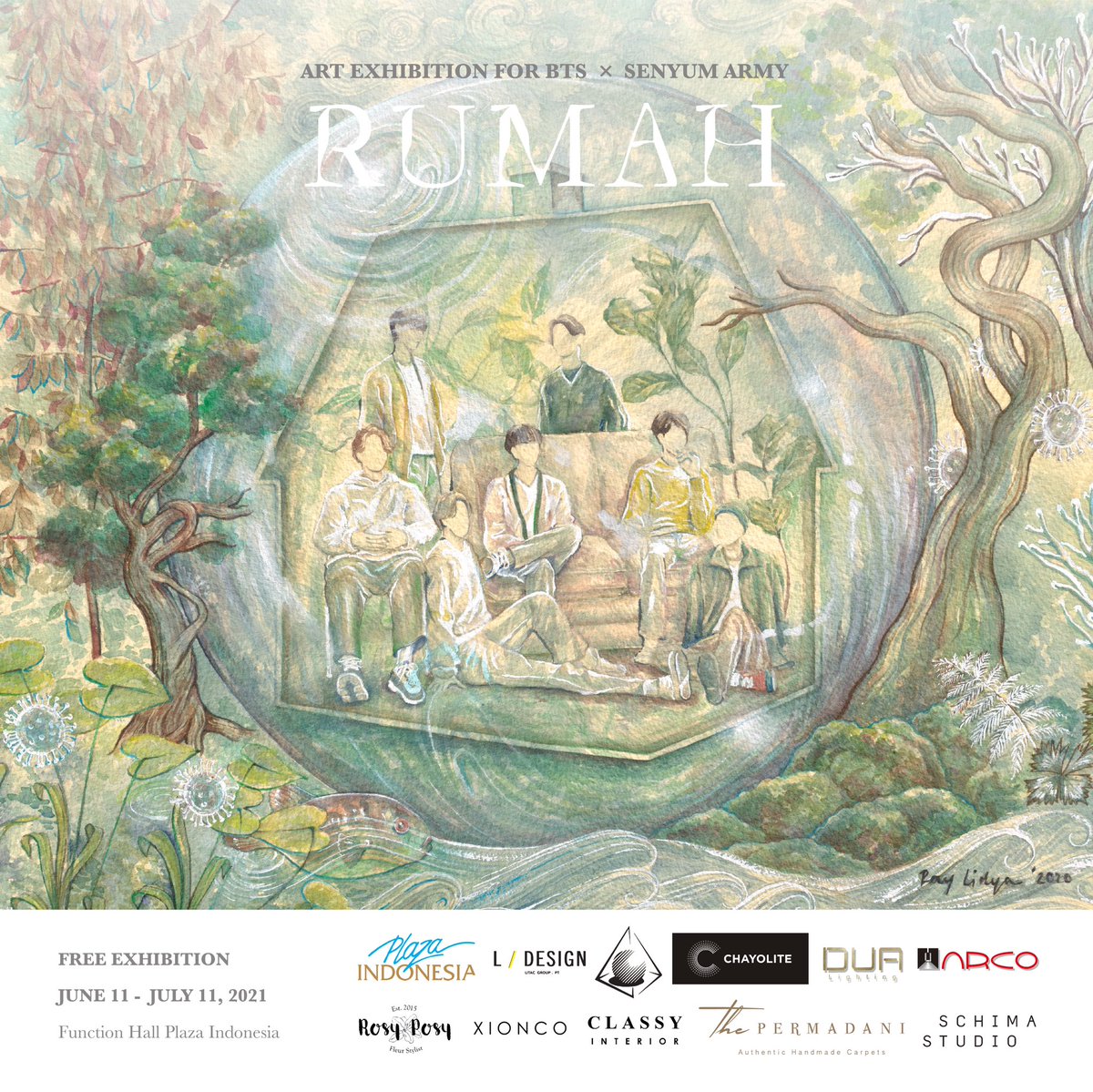 SenyumProject's tweet photo. @ArtXforBTS X @SenyumArmy 
Present “RUMAH” 
Function Hall , @plazaindonesia 
West Entrance Level 2
June 11 - July 11,  2021
Free Exhibition by Reservation Only 
(due to the covid 19 restriction)
Online Reservation : 081317079067
#artexhibitionforbts #bts #btsarmyindonesia https://t.co/sfLr2StXQU