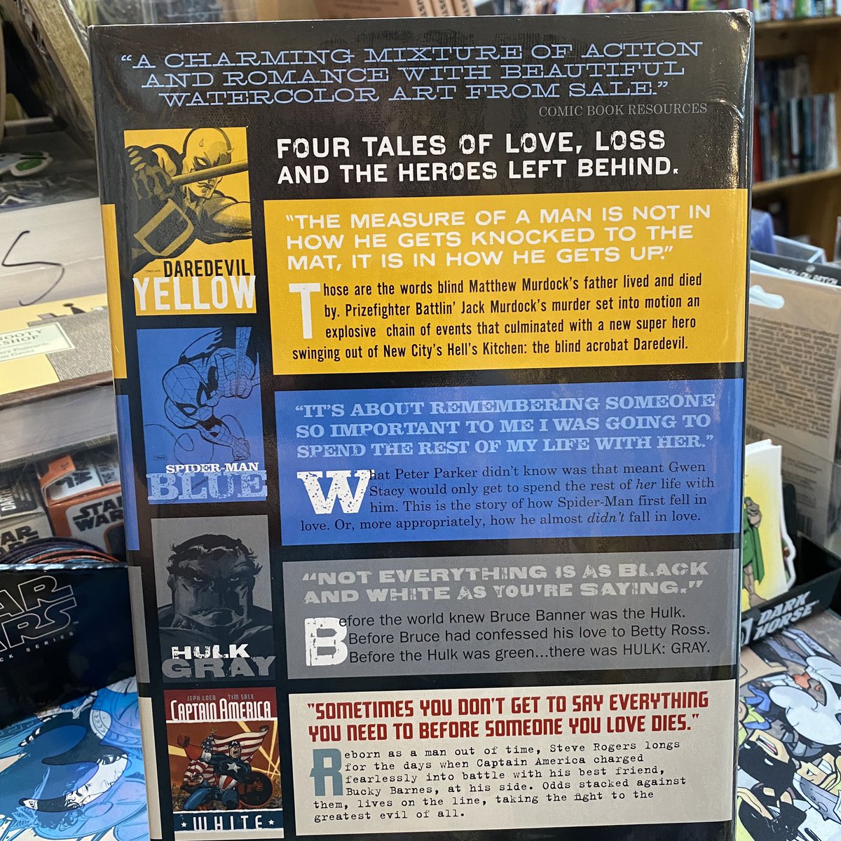 strangeadventrz's tweet photo. four tales of love, loss, and the heroes left behind. 

yellow, blue, gray &amp; white
by Jeph Loeb &amp; Tim Sale

#daredevilyellow 
#spidermanblue 
#hulkgray
#captainamericawhite https://t.co/3D9AKjYxNb