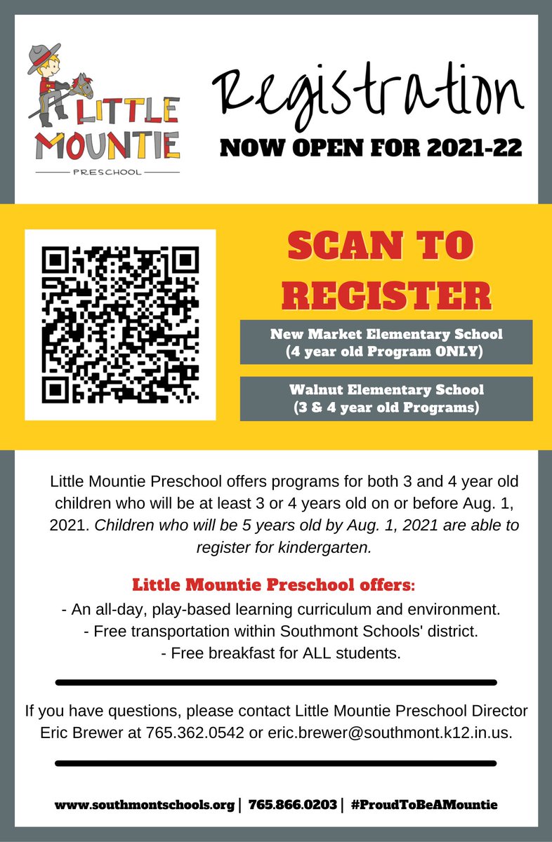 NOW ENROLLING! Children who will be 3 or 4 years old by August 1, 2021 are eligible to join Little Mountie Preschool. Come be a part of our Mountie family! #ProudToBeAMountie

Spots are limited. Click below to enroll:
docs.google.com/forms/d/e/1FAI…