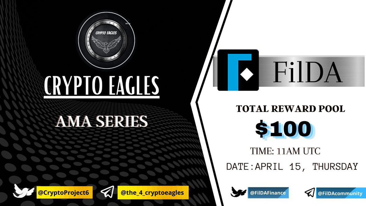 CryptoProject6's tweet photo. 🔥#FilDA x Crypto Eagles AMA 
🔊 We're pleased to announce our next AMA with @FilDAFinance
• Date: April 15, 2021
• Time: 11:00 AM UTC
• Venue  https://t.co/U7N8rcQxIu (Telegram) 
💰 10 users to share $100 USDT
👉 Follow: @CryptoProject6 
👉 Follow: @FilDAFinance https://t.co/lsBUUWm9fI