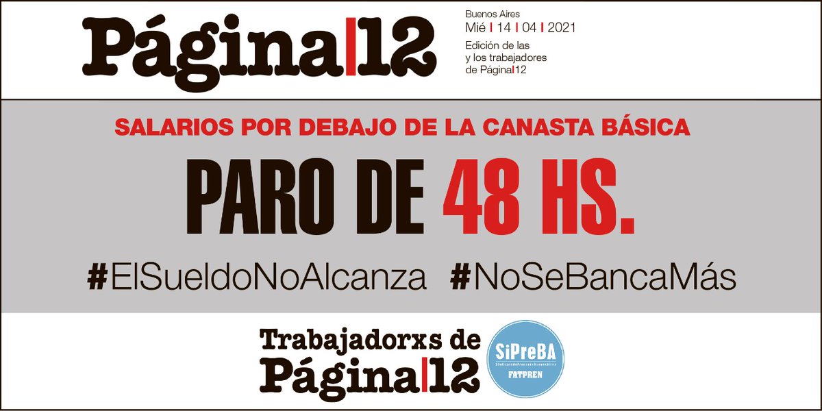 📢📣 PARO DE 48 HS EN PÁGINA/12

En el marco del plan de lucha que venimos desarrollando en los últimos meses, los trabajadores y trabajadoras de <a href="/pagina12/">Página|12</a> paramos hoy y mañana en reclamo por salario, condiciones de trabajo y reconocimiento de nuestra representación gremial.