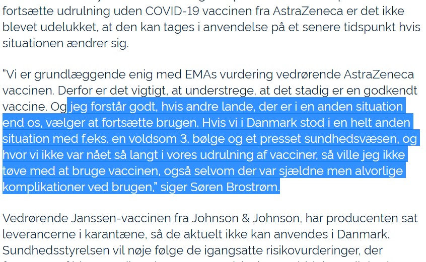 JonasHerby's tweet photo. På grund af lav smitte, droppes AZ-vaccinen.
Så vaccinationen af danskerne bliver væsentligt forsinket. 
Og da genoplukningen er knyttet op på vaccination, bliver den også forsinket.
Ergo fører den lave smitte til, at genoplukningen udskydes.
Overser jeg noget?

#dkpol #covid19dk https://t.co/Fg1EERjTQj
