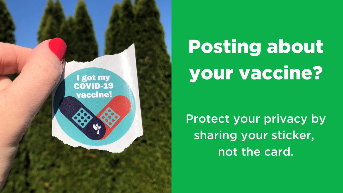 HealthySpartans's tweet photo. Getting a COVID-19 vaccine after a stressful year can be a huge relief. But in all the excitement, be careful not to share a photo of the vaccination card, which includes personal information like your birthday and location where you received the vaccine. https://t.co/uM39jaRHLZ