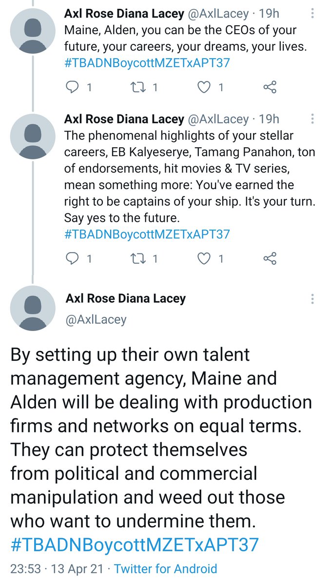 Comments welcome: 3) If Maine & Alden are friends, the more they can become partners of their talent management agency. Alden has said he and Maine are stronger together. Why not corporatize that to protect yourselves from corporate greed & manipulation?  #TBADNBoycottMZETxAPT38