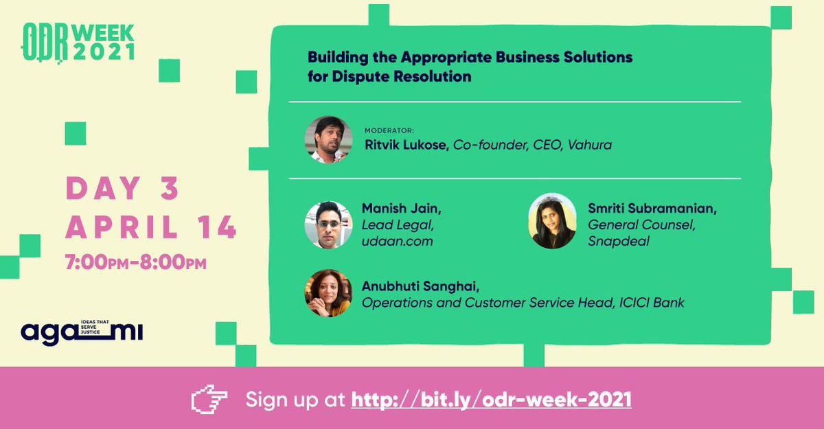 Agami_In's tweet photo. Catch the #futureofdisputeresolution from biz leaders who have been some of the early adopters of #ODR. Going LIVE in just half an hour! Join us at #ODRWeek2021 - https://t.co/O2upEjGLI4 https://t.co/QUVjDbDmGI