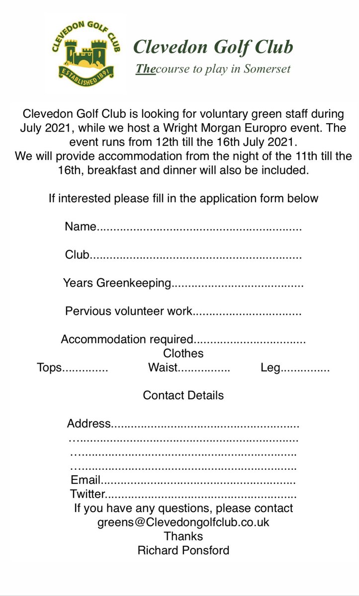 Clevedon GC are hosting the <a href="/WrightMorganltd/">Wright Morgan Ltd</a> @PGAEuroProTour event in July, highlights televised on <a href="/SkySportsGolf/">Sky Sports Golf</a>. The greens team are looking for volunteers to help with course. If you are interested, please see the attached. 
<a href="/BIGGALtd/">British & International Golf Greenkeepers Assn.</a>