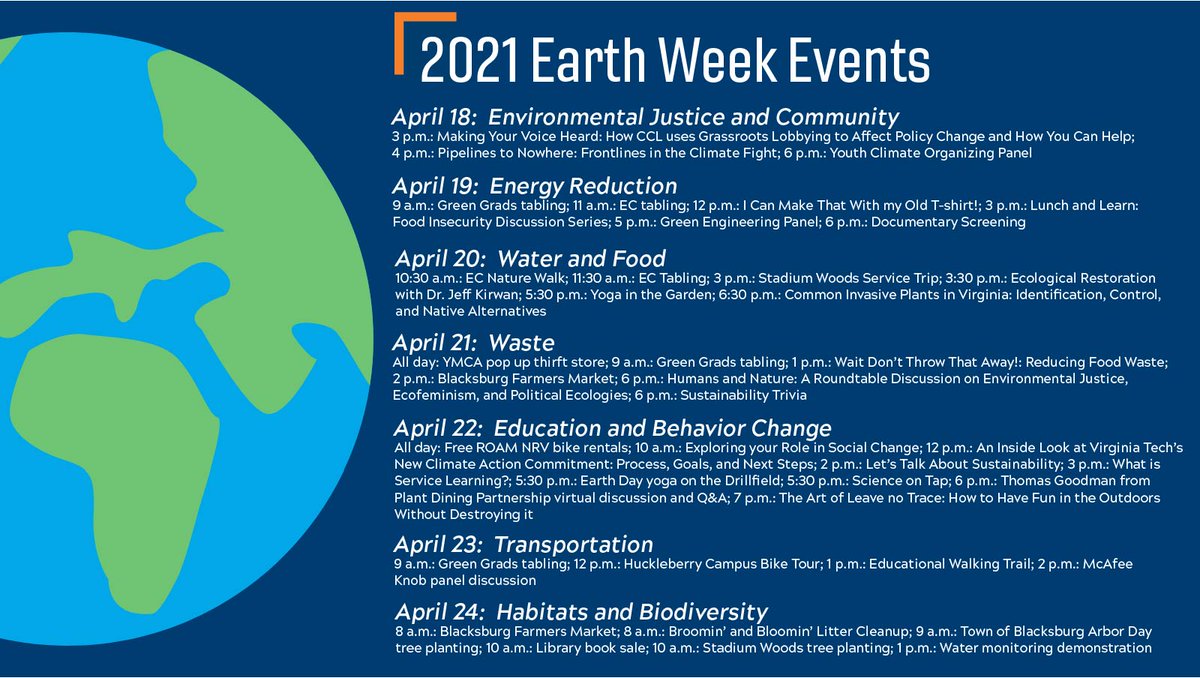 VTFacilities's tweet photo. #VTEarthWeek is less than a week away! What events will you be attending? ๐
For more detailed information on Earth Week events, visit: https://t.co/S1IE6yjXf9 https://t.co/3z2Z2JvXPb