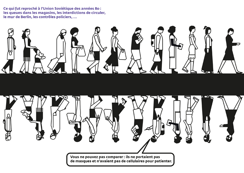 Ce qui fut reproché à l’Union Soviétique des années 80 : les queues dans les magasins, les interdictions de circuler, le mur de Berlin, les contrôles policiers…
Dessiné par Ruedi Baur et Odyssée Khorsandian