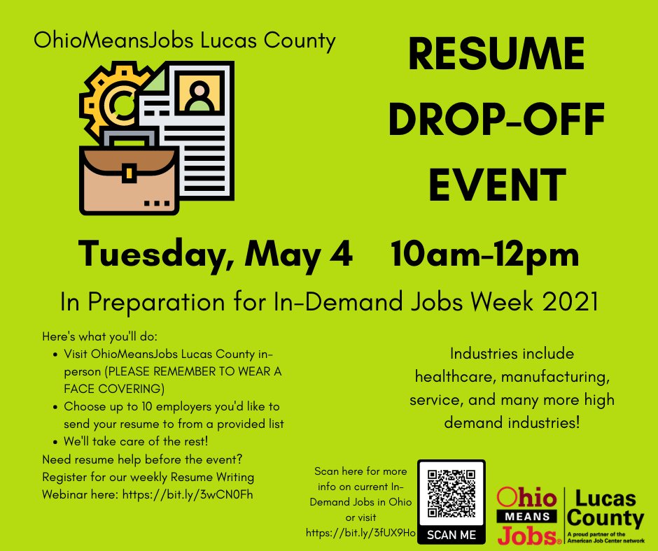 Looking for new work? Join us during In-Demand Week 2021 and get your resume out to local area employers!

#OMJLC #InDemandWeek #InDemandJobs #NowHiring #Resume