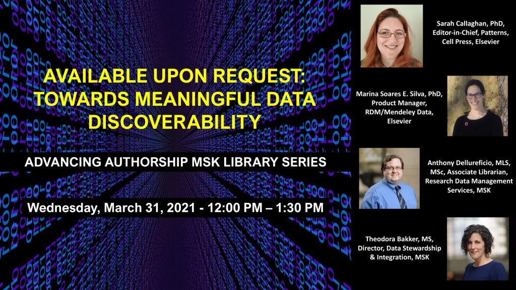 MSKLibrary's tweet image. Missed our 3/31 #DataDiscoverability event? A recording is now available online. @sorcha_ni @Patterns_CP @MaterialsToday @Moltoantonio1 @TheodoraBakker
library.mskcc.org/blog/2021/04/a…