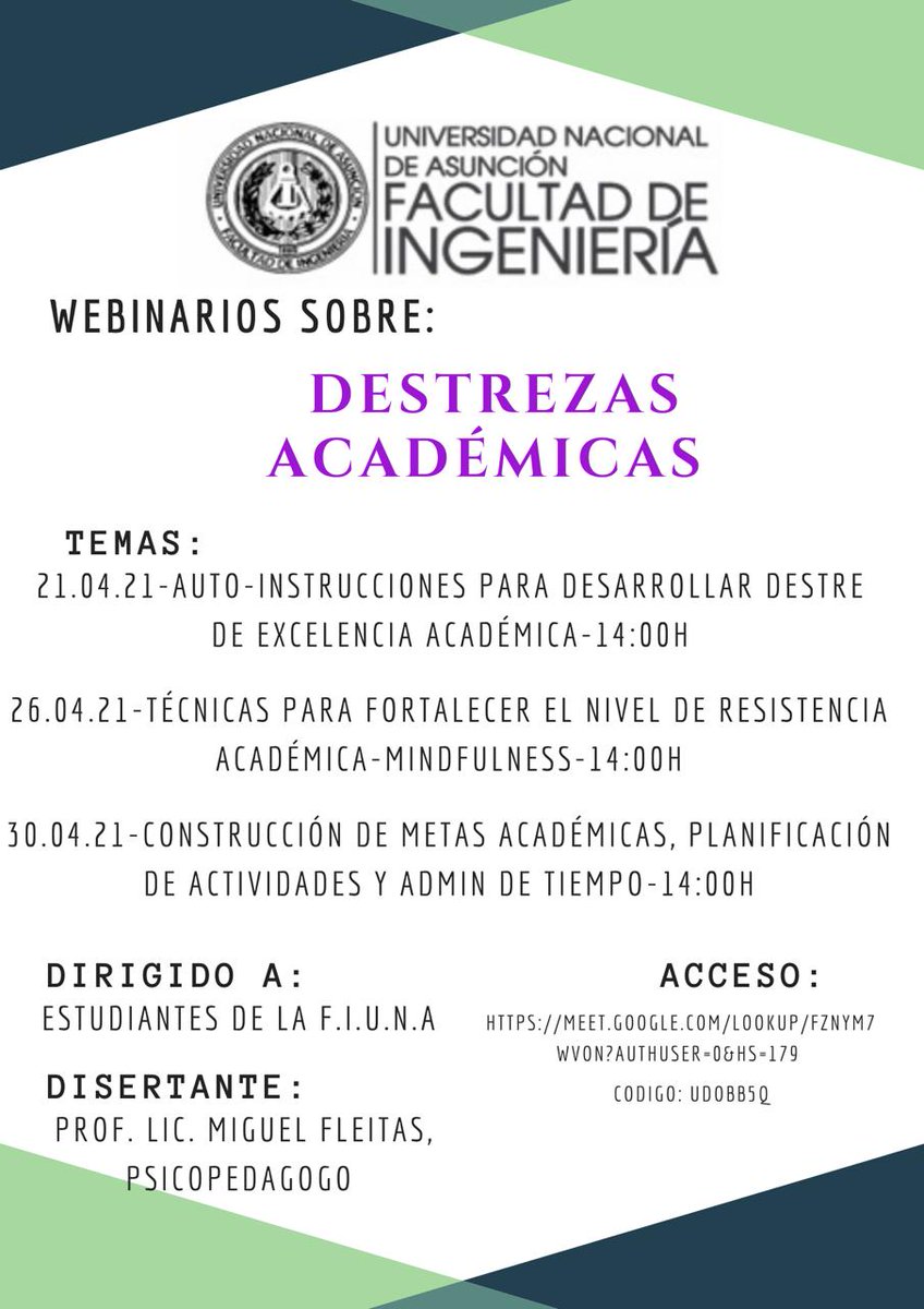 El PAE organiza un ciclo de webinars sobre destrezas académicas para estudiantes de la FIUNA. La primera charla iniciará el miércoles 21 de abril a las 14:00 h por medio de la plataforma Google Meet. El programa y mas info en el enlace 👉wp.me/p3j9x4-bSR