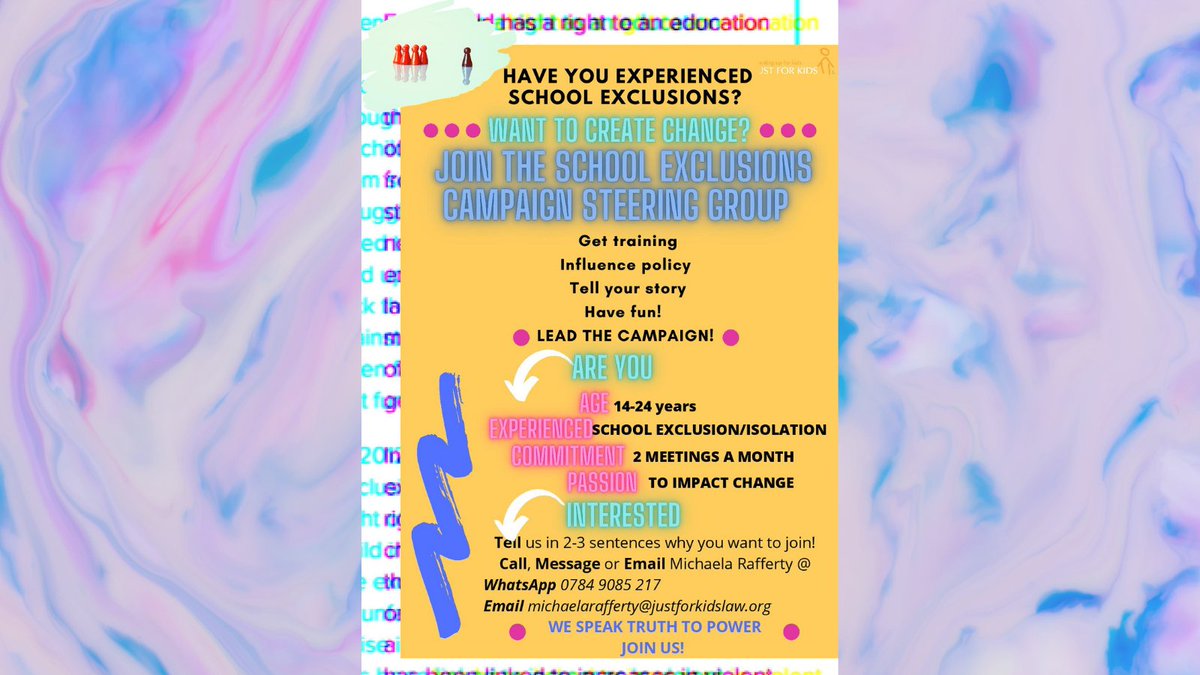 Interested in joining our School Exclusions campaign steering group? We're accepting applications from exclusion-experienced young people aged 14-24 to lead our campaign! If you want to influence policy with your story, find out more about how to apply: bit.ly/3gaQKrA