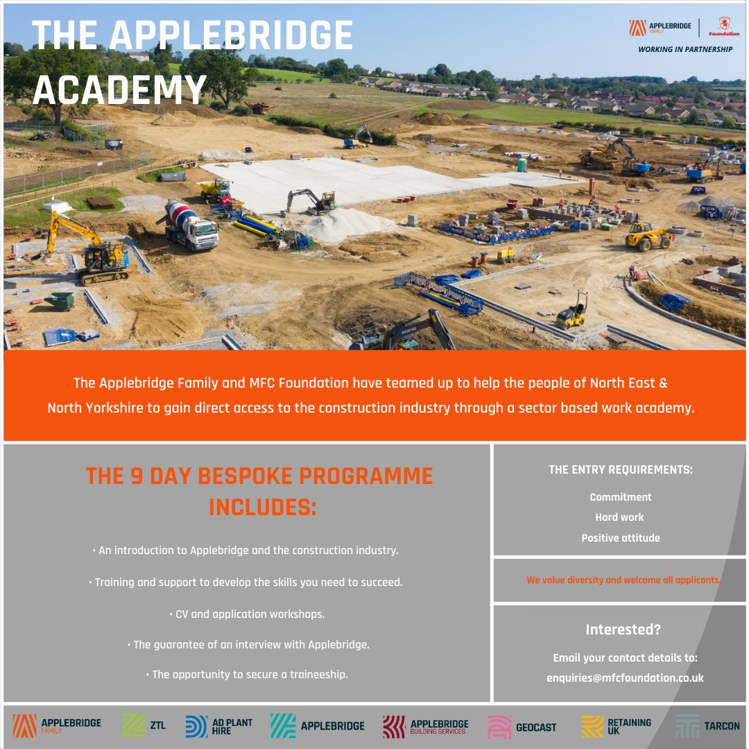 👷Are YOU looking for a career in construction & are based in the #NorthEast OR #Yorkshire? 👷 The #ApplebridgeFamily have partnered with the @MFCFoundation to create a 9-day bespoke programme. Read more below ⬇️ #teesside #yorkshire #construction #jobs #mfcfoundation #mfc