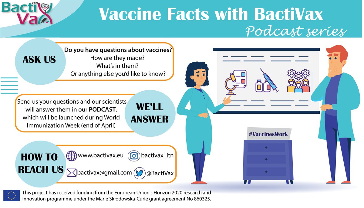 BactiVax's tweet photo. Ever wanted to ask vaccine researchers some burning questions? Here's your chance!
We @BactiVax are starting a #podcast to give you answers. If you have any Qs about vacines or would like more info on certain topics, ask away. @MSCActions @REA_research @mcclean_siobhan @UCD_SBBS https://t.co/cQZ6tw2b0X