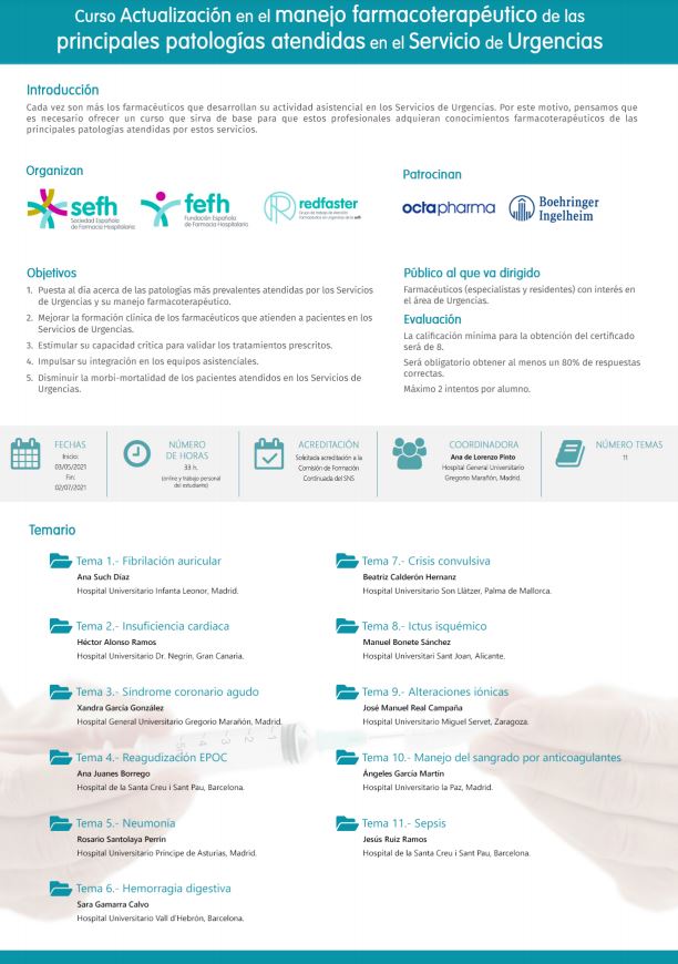 sefh_'s tweet photo. Este año el curso #GIMUR de @red_faster será online 👉🏻👉🏻👉🏻 "Actualización en el manejo farmacoterapéutico de las principales patologías atendidas en el Servicio de #Urgencias"

📅Plazo de inscripción: hasta 23 de abril

@OctapharmaGroup @BoehringerES https://t.co/2NGGtaS4wc https://t.co/PE6qgUL2V5
