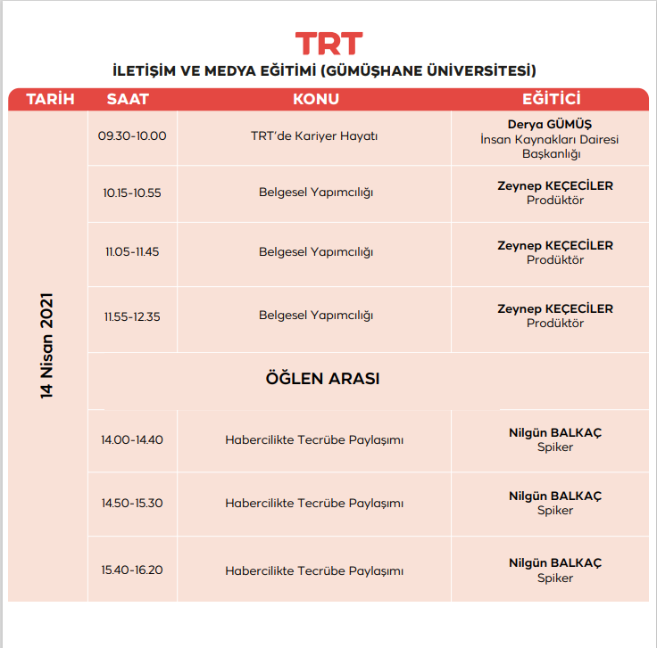 TRT tarafından öğrencilerimize Zoom üzerinden verilen çevrimiçi eğitimler devam etmektedir. Yoğun katılımdan dolayı kontenjanları arttırdık. Eğitim linklerini danışman hocalarınızdan talep ederek eğitimlere katılabilirsiniz. Eğitim sonunda TRT tarafından sertifika verilecektir.