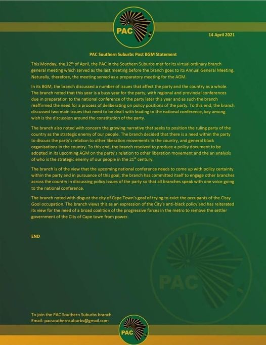 PAC Southern Suburbs Post BGM Statement