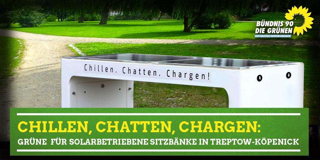 Das Bezirksamt soll das Aufstellen von Sitzbänken mit Solar-Modulen, USB-Ladestationen und WLAN-Hotspots an geeigneten Standorten im Bezirk prüfen. Ein entsprechender Antrag unserer Fraktion wurde in der BVV am 25. März beschlossen.

Weitere Infos unter: gruenlink.de/1zu9