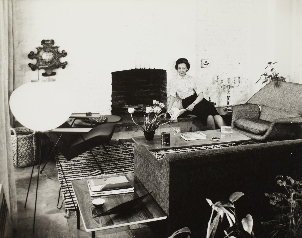'Piece by piece, designs from the domestic landscapes of my childhood are returning to furnish people’s homes today' (Paula Day). #LucienneDay in the Days' living room, 1950s, with #GerdHayEdie <a href="/MourneTextiles/">Mourne Textiles</a> Milano rug and #RobinDay Reclining Chair, now reissued by <a href="/2021london/">twentytwentyone</a>