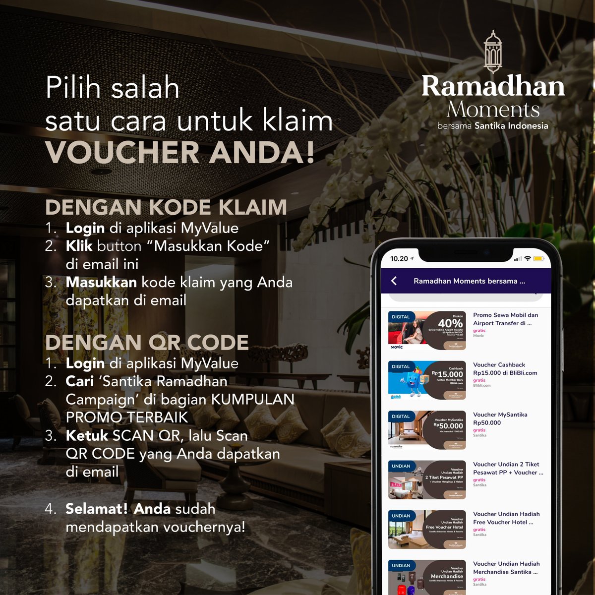 Nikmati #RamadhanMoments tahun ini dengan staycation bersama orang-orang tersayang di Santika Indonesia. MyValue lagi bagi-bagi berbagai gift voucher GRATIS &amp; undian untuk memenangkan 2 tiket pesawat PP dan puluhan voucher hotel bagi member MyValue yang menginap selama Ramadhan.