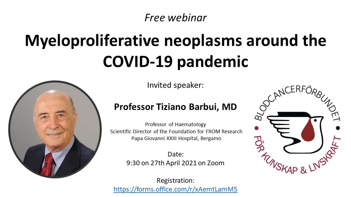 Welcome to the webinar hosted by @BCF_1982 - Prof T Barbui will be presenting his research on MPN and COVID-19. Join us to learn what is known about MPN, COVID-19, and the COVID-vaccines. 

Please register via: forms.office.com/r/xAemtLamM5

#mpn #myeloproliferativeneoplasm