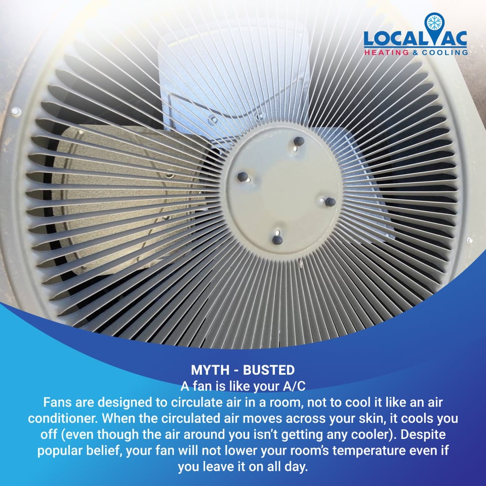 TheLocalAC's tweet image. Myth - Busted

A fan is like your A/C Fans are designed to circulate air in a room, not to cool it like an air conditioner. When the circulated air moves across your skin, it cools you off (even though the air around you isn’t getting any cooler). 
#localac #acrepairexpert #facts