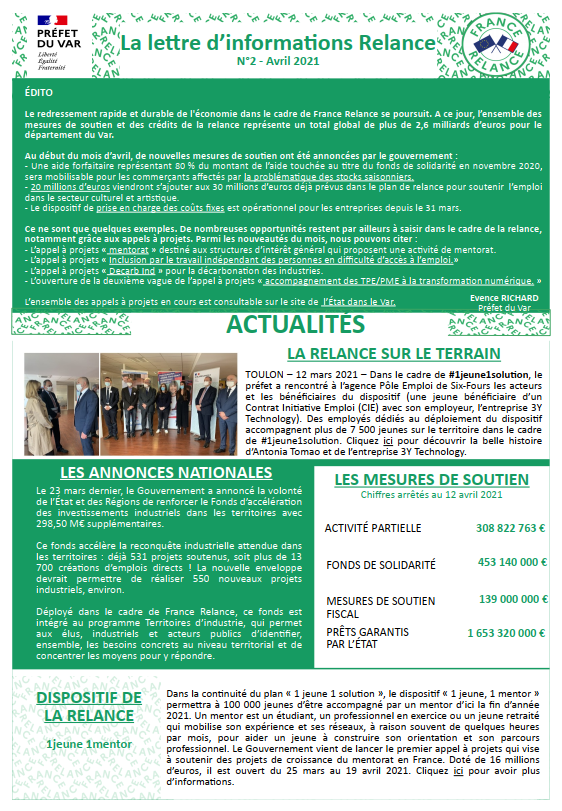 Prefet83's tweet photo. #FranceRelance
📢Toute l'actu #FranceRelance dans le #Var dans la lettre d'infos d'avril.
Au sommaire :
✅Transition écologique, compétitivité et cohésion
✅Les mesures de soutien aux entreprises
✅Relance et projet de territoire
🔎Lire la lettre👉https://t.co/7sW75jhCF2 https://t.co/sioWzW2uWI