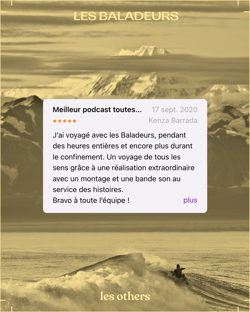 LesOthers's tweet image. Merci pour vos commentaires sur Les Baladeurs !

C’est l’un des podcasts avec le plus de notes sur Apple Podcasts. 

N’hésitez pas à nous laisser vos petits mots sur les applis. En plus de faire plaisir à toute l'équipe, ça permet de faire remonter le podcast dans les applis ❤️