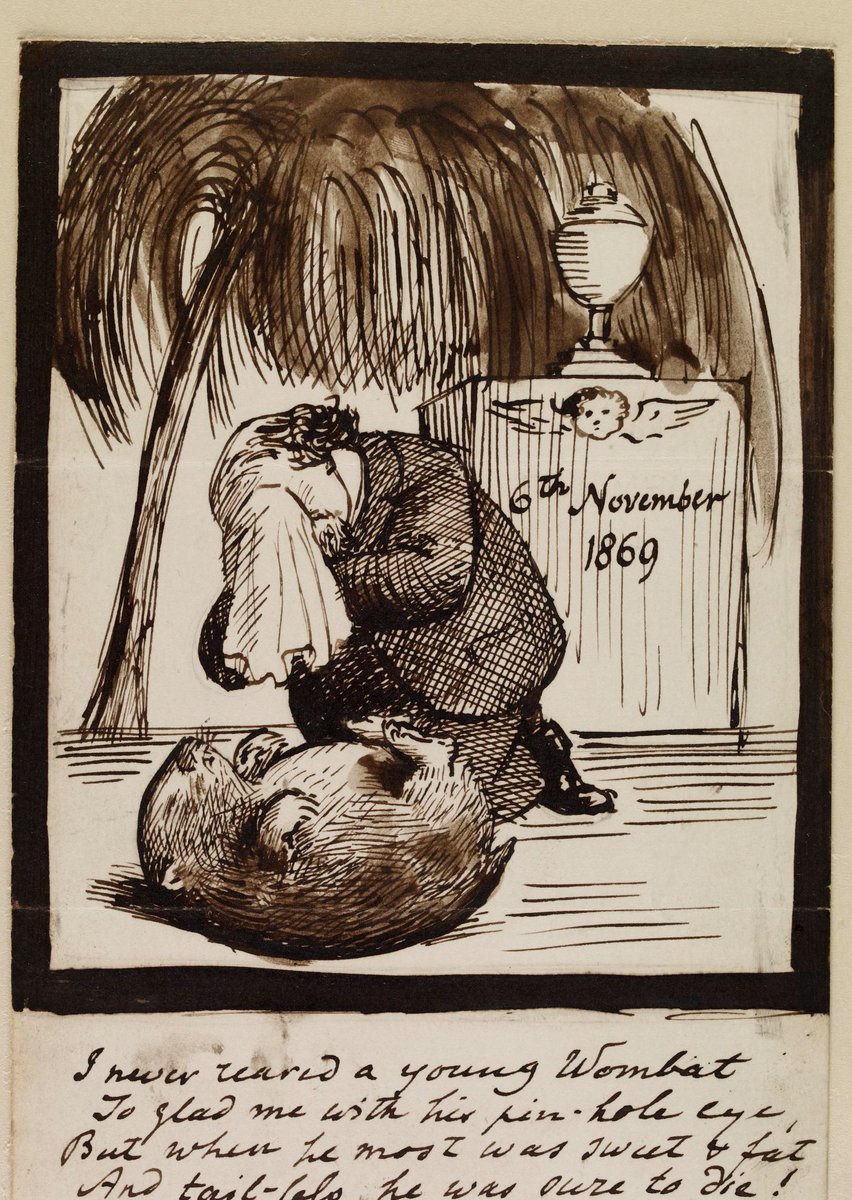 As it's  #WombatWednesday, today's  #NationalPetMonth post is Dante Gabriel Rossetti'self-portrait and poem (British Museum) as he mourns the death of his pet wombat in 1869. Said wombat was later stuffed and displayed to all. Pre-Raphaelites were completely obsessed with wombats!