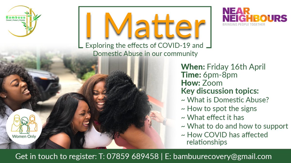 BambuuuDA's tweet photo. 📢 There's still time to register for our webinar this Friday 📢
We're hosting a special session of I Matter just for #youngwomen aged 16-21.
Visit https://t.co/i9tVUkZAPU to register.
#DomesticAbuseSupport #IMatter #NNProject https://t.co/JFUnGPGxfz