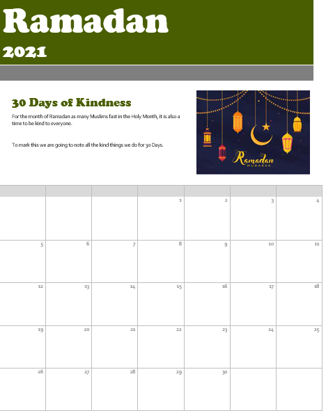Our S1 DAS class will be marking the 30 days of Ramadan by ensuring we are kind and positive during the Holy Month.  With a 30 day of kindness challenge. 

We cannot wait to see the kind acts our pupils take part in 😁
<a href="/GlenrothesHS/">Glenrothes High School</a> <a href="/GHSEquDivInc/">GHS Equality, Diversity & Inclusion</a>