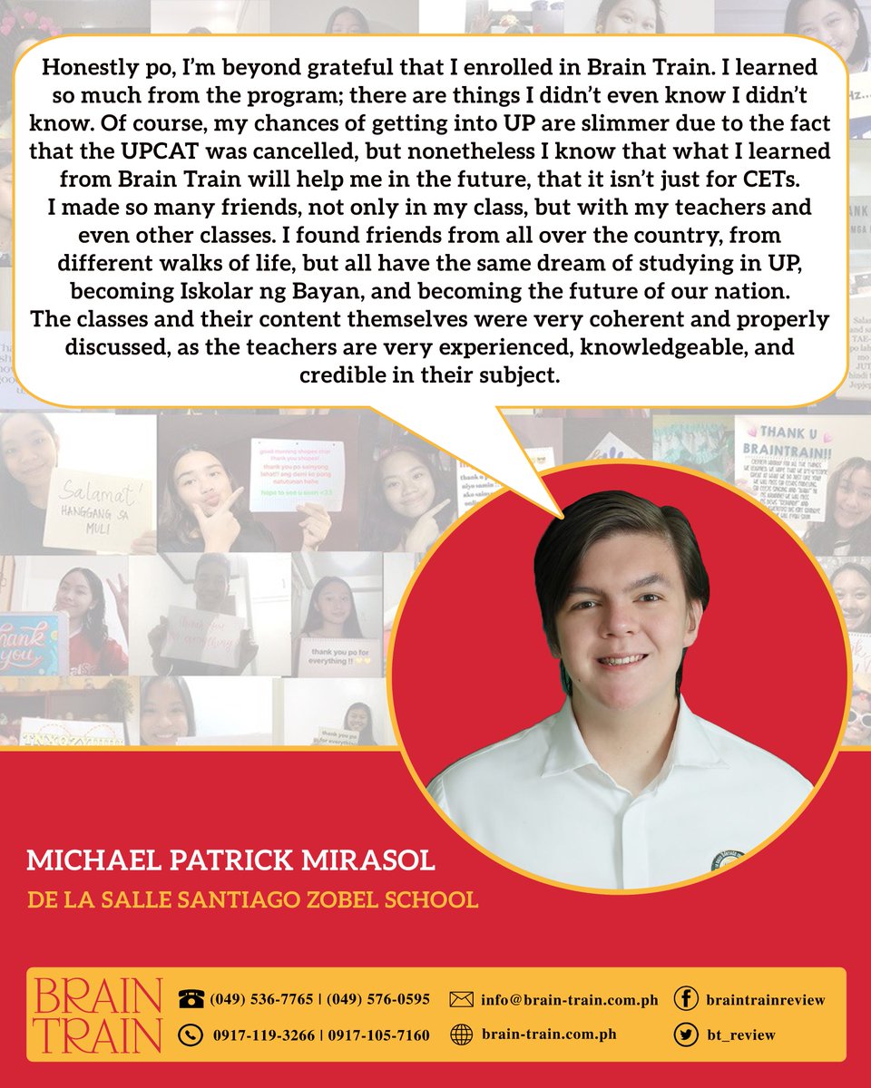 BT_Review's tweet photo. "...I know that what I learned from Brain Train will help me in the future, that it isn't just for CETs." 

Brain Train Virtual Classrooms (BTVC) goes beyond! Check out our available BTVC schedules at https://t.co/Lsy2IeyRZb. 

Enroll now and get that #BrainTrainAdvantage! https://t.co/NI0Dx9ibdk