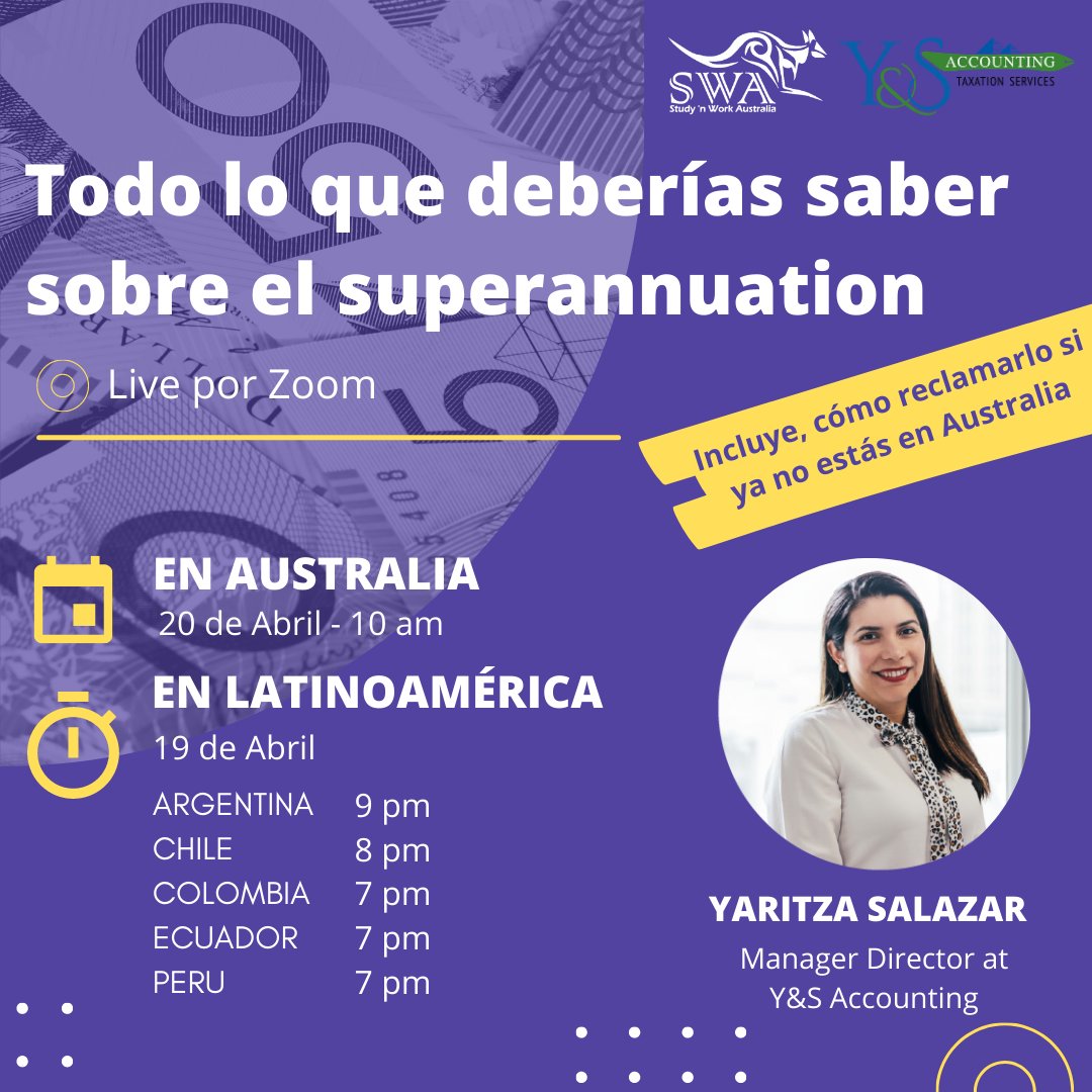 StudynWorkAustr's tweet photo. Te traemos un webinar donde te explicaremos:
👉 Cómo reclamas tu super una vez dejes Australia 
👉 Regístrate para atender:  https://t.co/KbM72vojWu

  #Australia #Melbourne #Sydney #Adelaide #studynworkaustralia #argentina #chile #colombia #ecuador #Peru https://t.co/dgj8IQW4II
