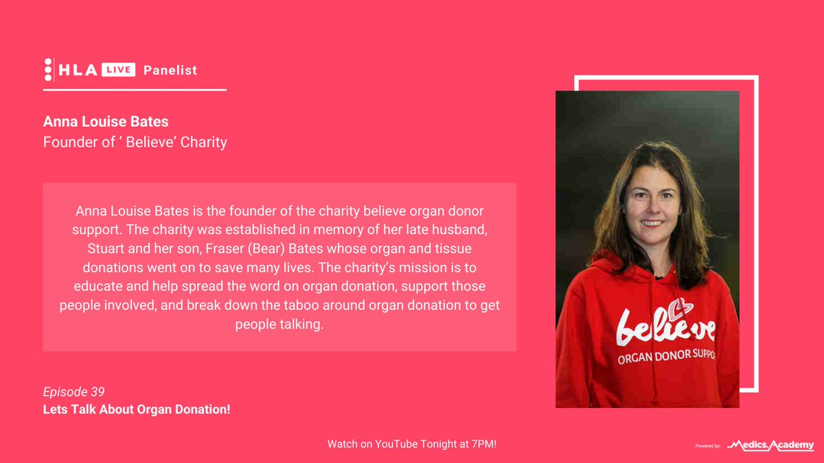 Join us tonight for our next #HLALive episode!

This week's episode: Let's Talk About Organ Donation

Introducing our last speaker: <a href="/spanna_bates/">Anna-louise Bates</a>

After the episode, at 8:30PM, join us on Clubhouse to share your thoughts on the topic!

#MedTwitter #OrganDonation

@fraserbearbates