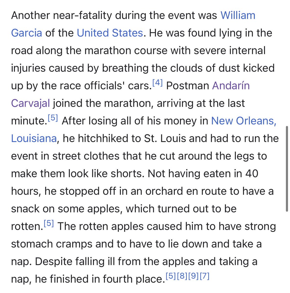 0ldoini's tweet image. The wikipedia page for the 1904 Olympics Men’s Marathon might be my favourite Wikipedia page ever