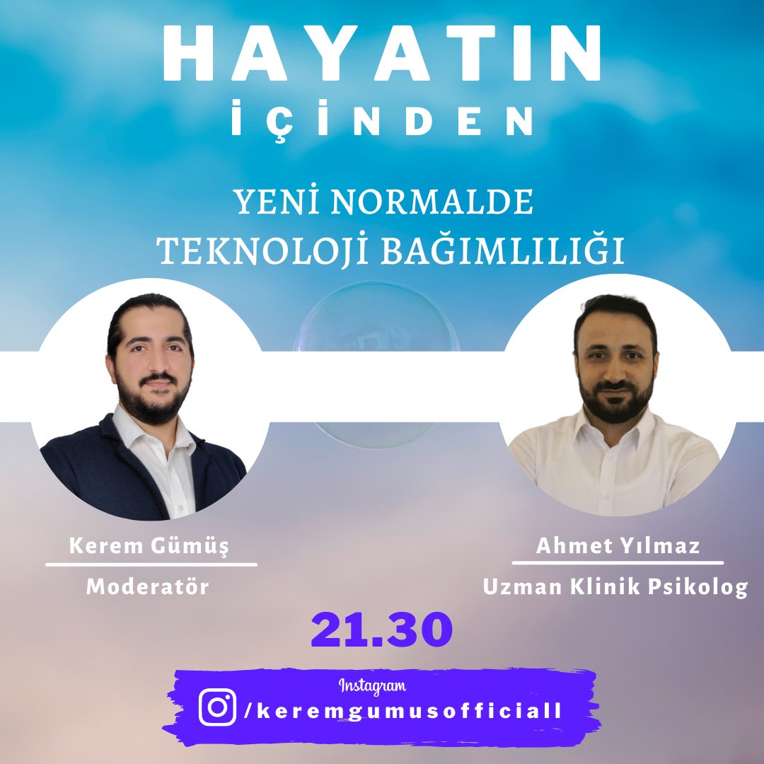Herkese merhabalar. Bugün saat 21.30'da ilk canlı yayınımızla başlıyoruz. Konumuz: "Yeni Normalde Teknoloji Bağımlılığı"

Konuğumuz pek kıymetli Uzman Klinik Psikolog Ahmet Yılmaz <a href="/pskahmetyilmaz/">Ahmet Yılmaz</a> hocamız. Akşama görüşmek üzere. ☺️
